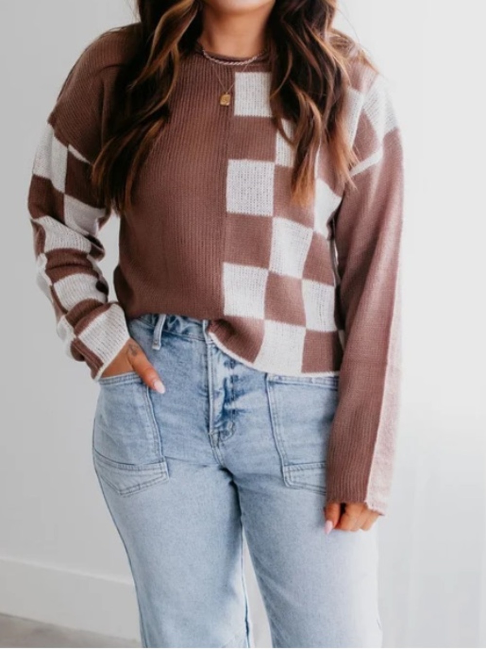 Lauriebelles Checkerboard Knit Sweater - Brown & Cream
